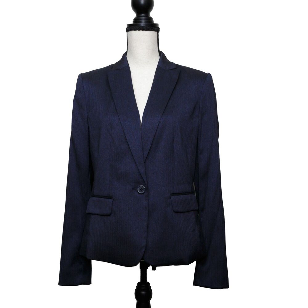 Anne Klein Size 10 Navy Blue Herringbone Twill One Button Blazer Notch Collar - Picture 1 of 12